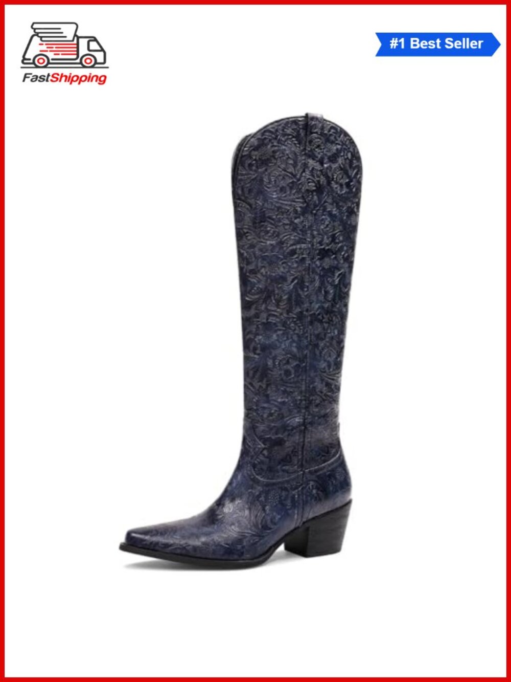 ✨ Knee-High Cowboy Boots Women Embossed Western Chunky Block Heel Pointed Toe